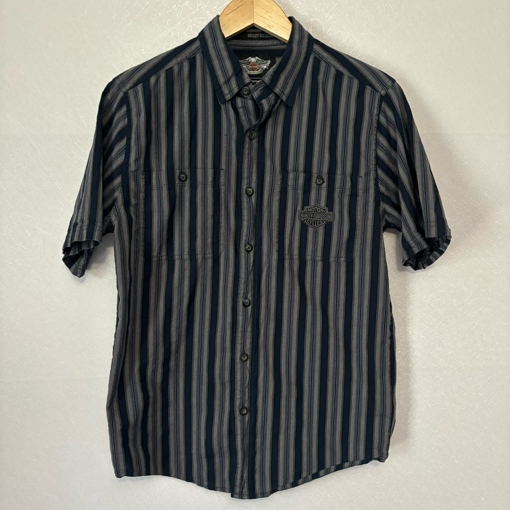 Harley-Davidson Blue Striped Short Sleeve Button Up Shirt Men's Size Small